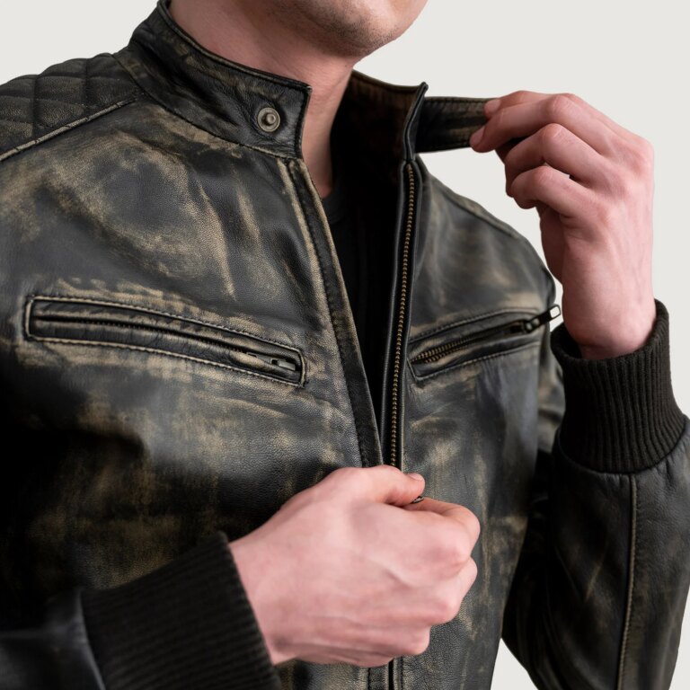 Mens Sven Distressed Brown Leather Bomber Jacket Close-Up-9-1724139062112